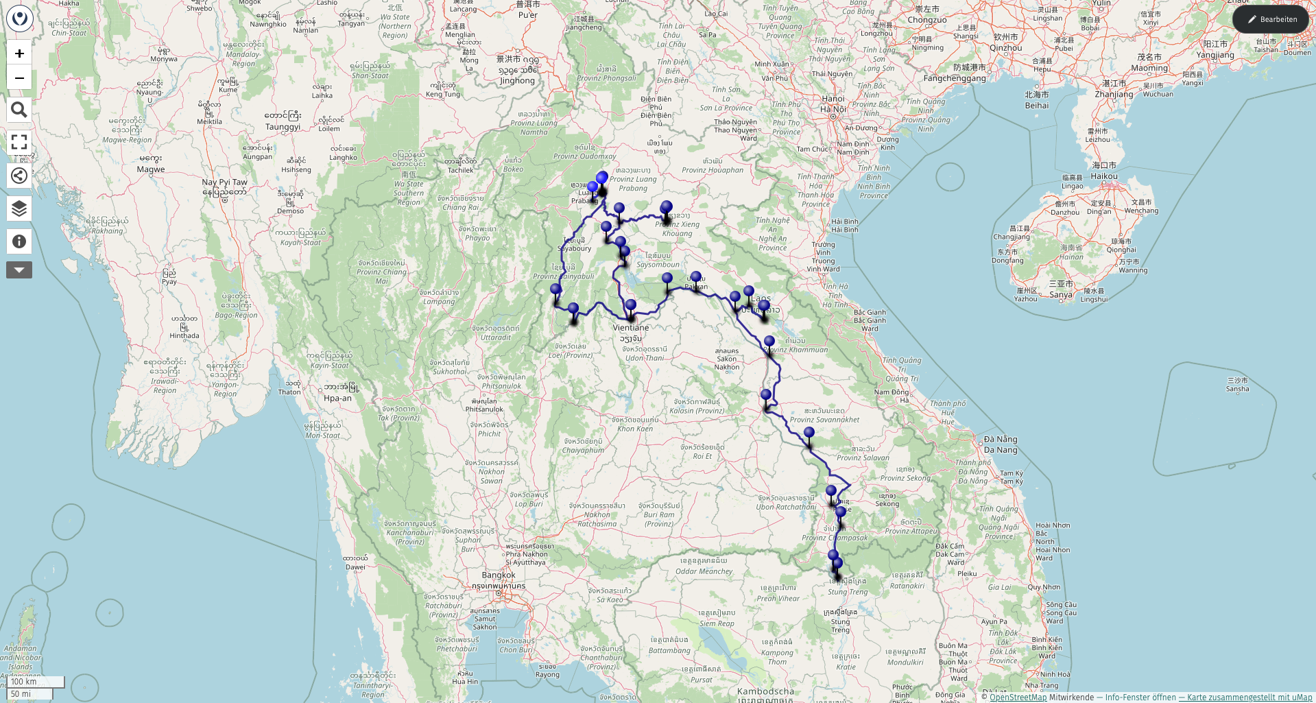 Laos 2009-2011 2140 km All rights reserved by paddys----You may use this image or map, provided the source is acknowledged/© OpenStreetMap/ uMap